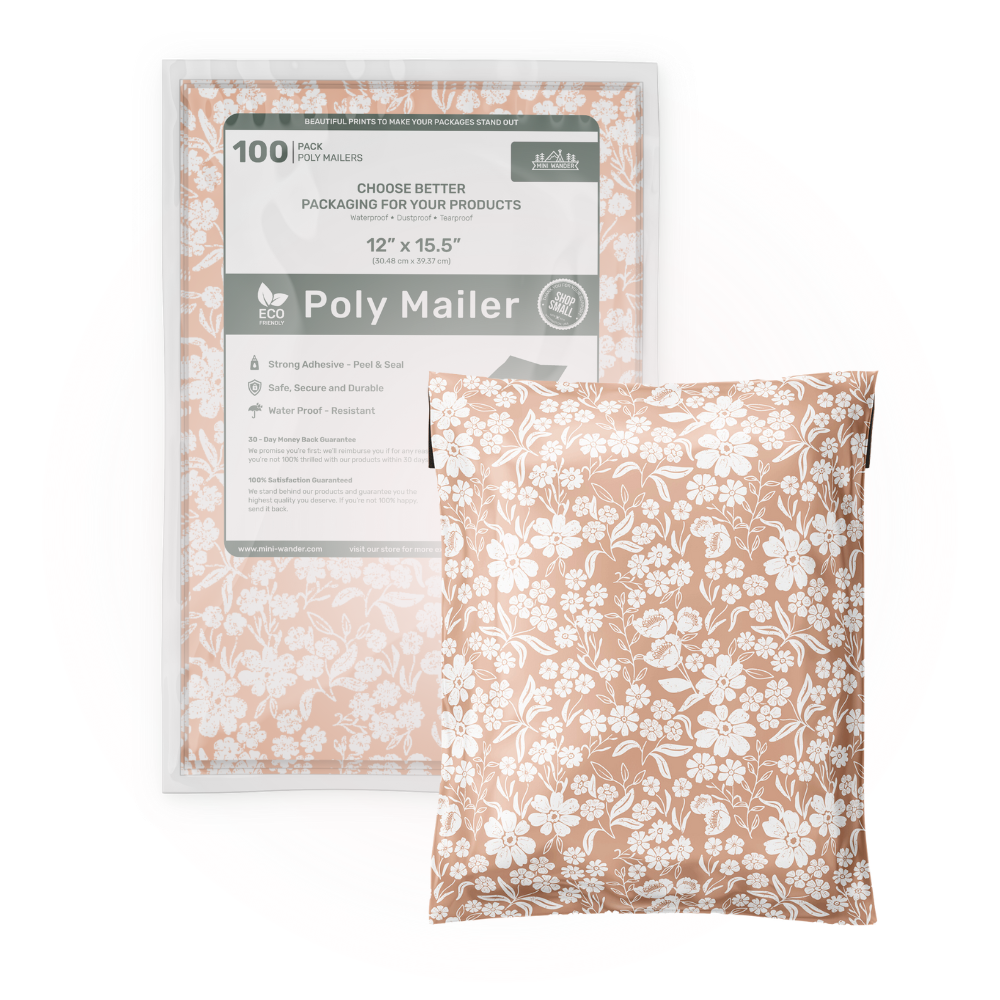 Package of 100 poly mailer bags. A pretty flowery pink design to match a girly aesthetic when shipping orders.